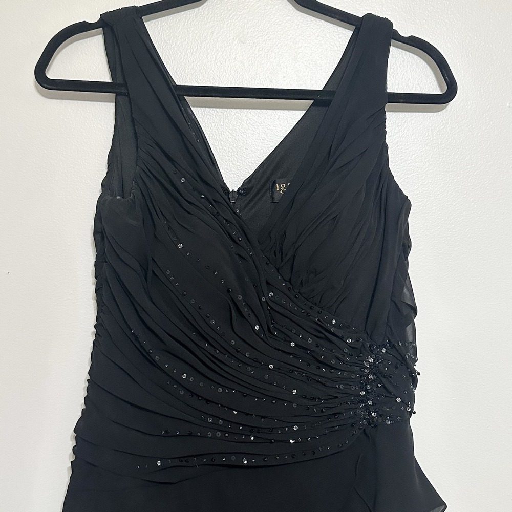 Ignite Evenings Black Chiffon Beaded Layered Ruffles Cocktail Midi Dress 10